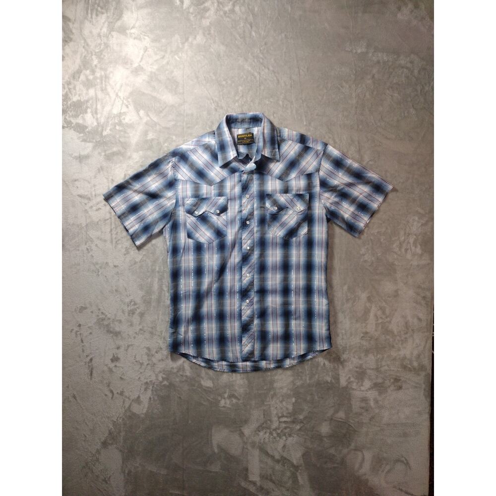 Wrangler Pearl Snap Shirt Mens M Blue Shimmer Plaid Short Sleeve Western Cowboy